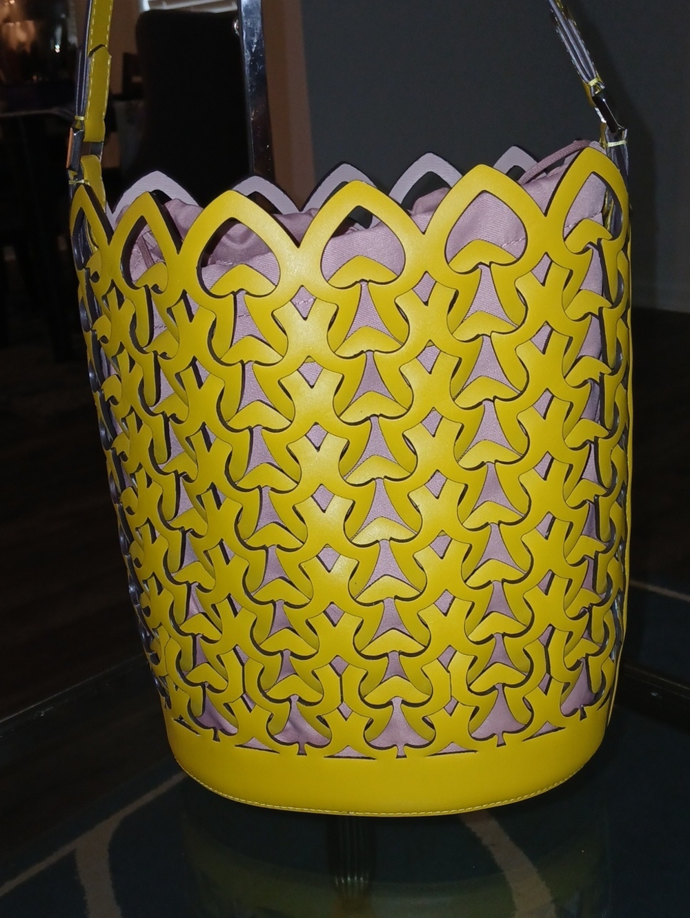 Kate Spade Dorie Yellow Laser-Cut Bucket Bag with Pink Liner - Picture 5 of 6
